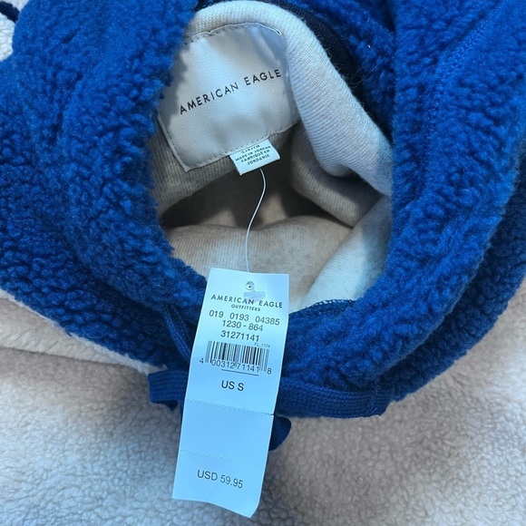 Mens American Eagle Fleece Pullover Hoodie Oatmeal/Gray/Blue Size Small - Picture 3 of 5